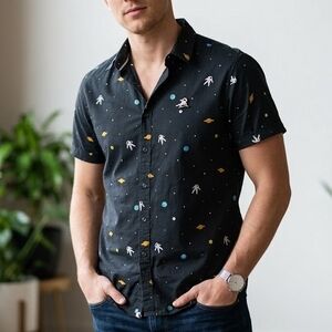 Denim & Flower Ricky Singh Astronaut Space Shirt Men's XL Black Cotton Planets